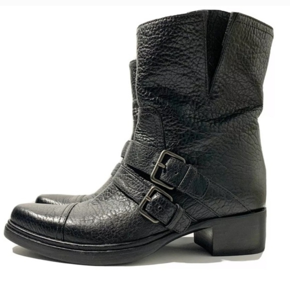 MIU MIU Black Bison Leather Double Buckle Ankle Boots Miucchia Prada Sz 39.5